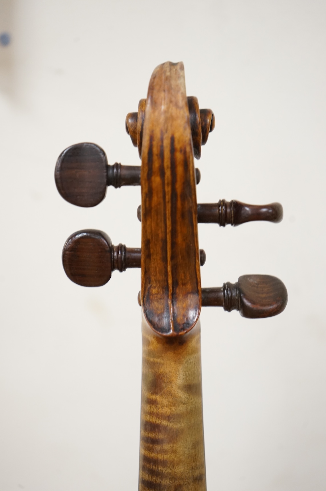 An interesting late 18th century violin, with one piece bird’s eye maple back, unsigned, with two silver fully mounted octagonal bows, one stamped Voight CITES Submission reference, 3XFNUBT7 and Submission reference, RHL